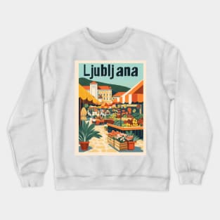 A bustling market in Ljubljana features colorful stalls filled with fresh fruits and vegetables. People browse the vibrant displays under Crewneck Sweatshirt